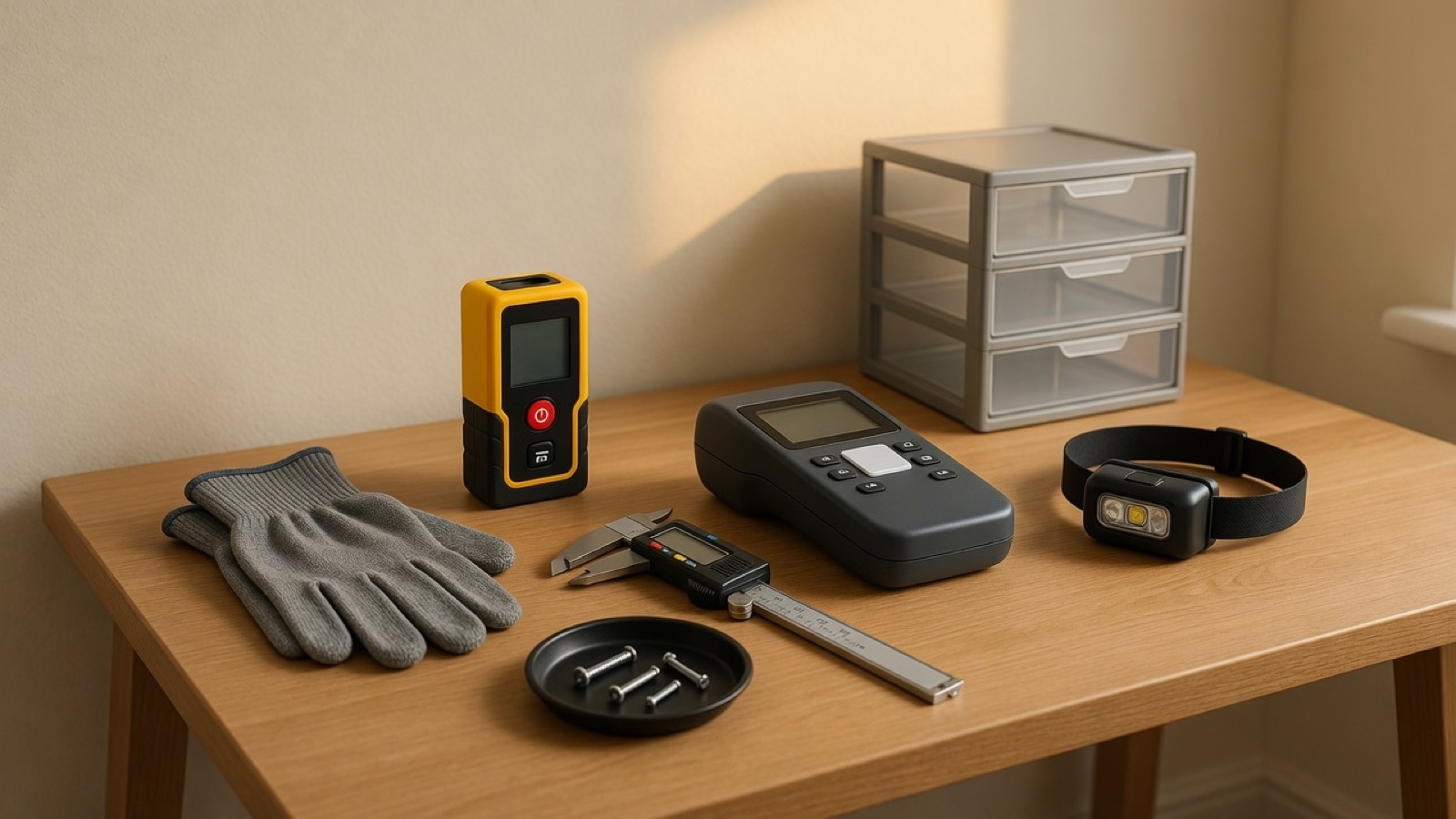 Bench tools: a laser measure, a digital caliper, a headlamp, clear parts drawers, gloves, a label maker, and a magnetic tray of screws.