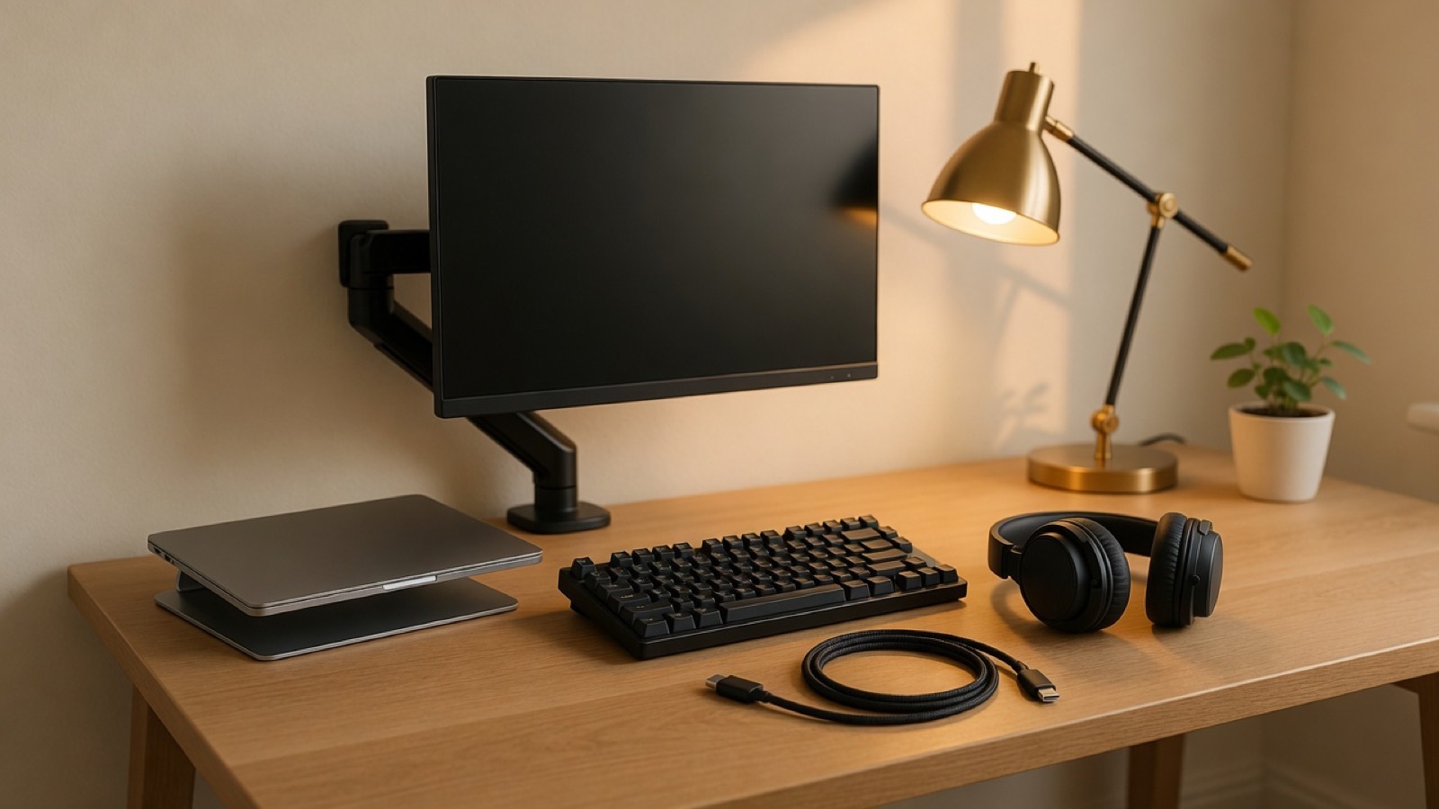 A working desk: monitor on an arm, laptop on a stand, keyboard, closed-back headphones, a coiled cable, and a desk lamp.