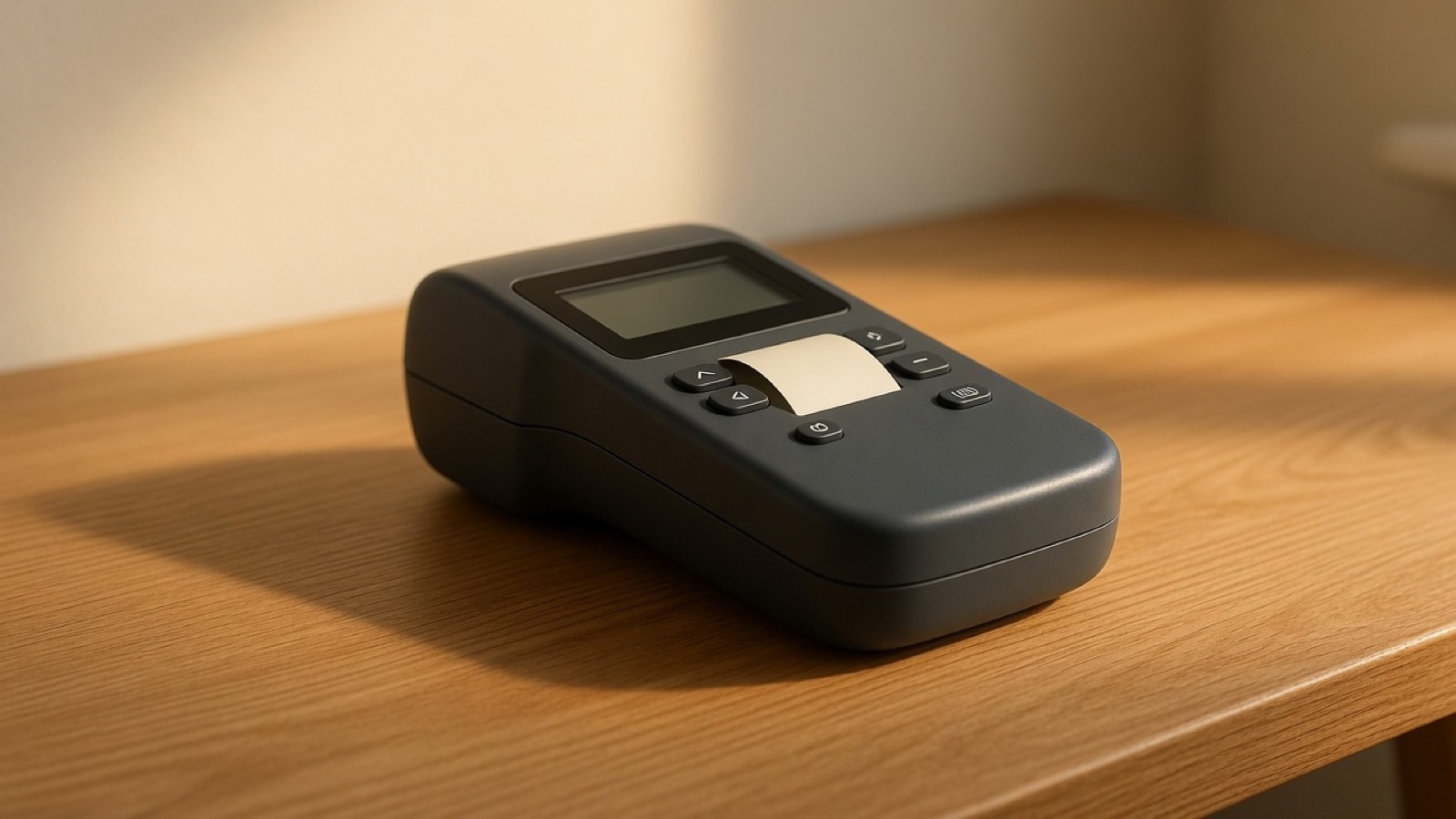 A compact dark handheld label maker with a short blank tape.