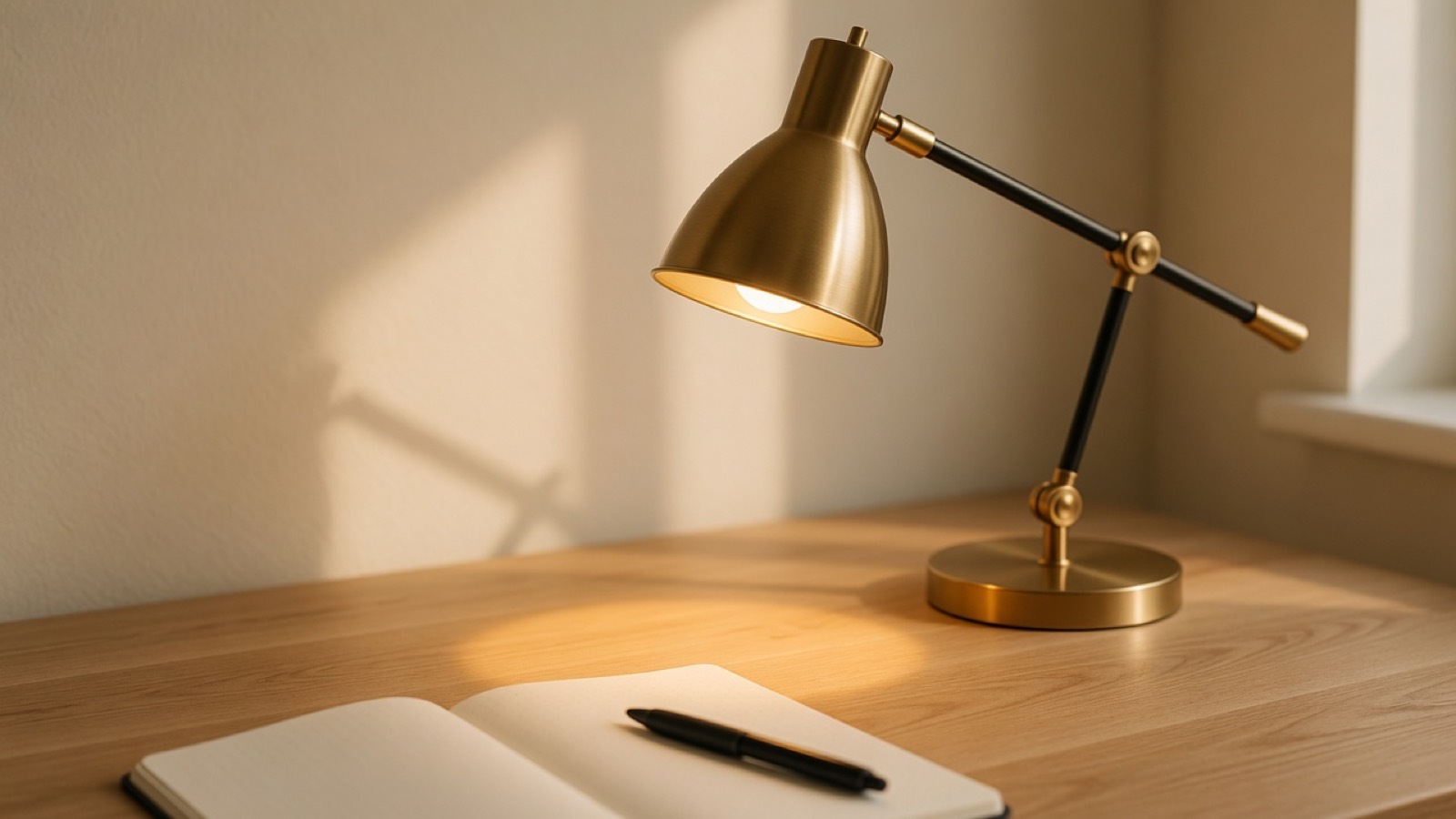 An adjustable brass desk lamp aimed across an oak desktop.