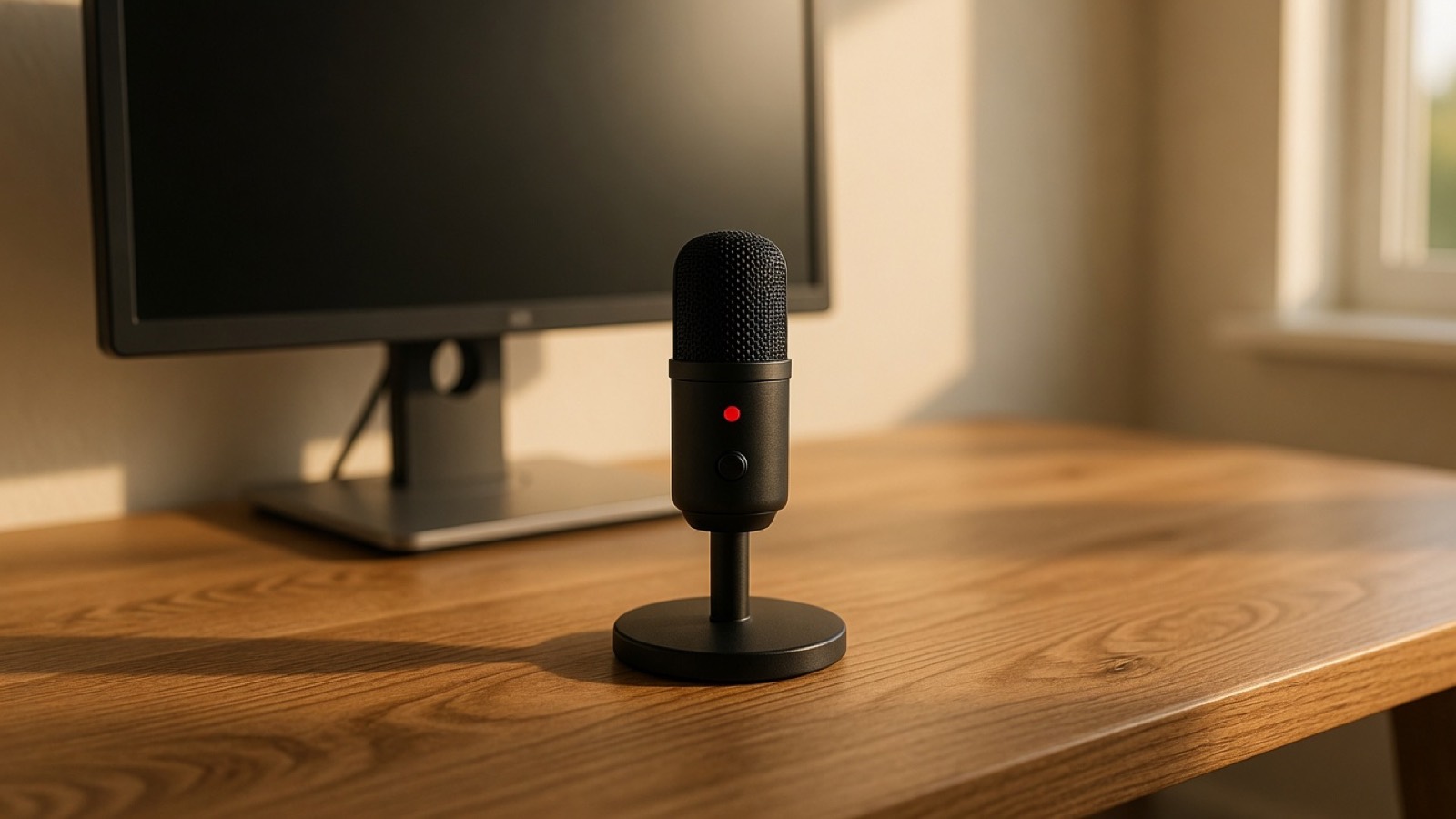 A small black USB microphone on a round desk stand, with a monitor behind it.