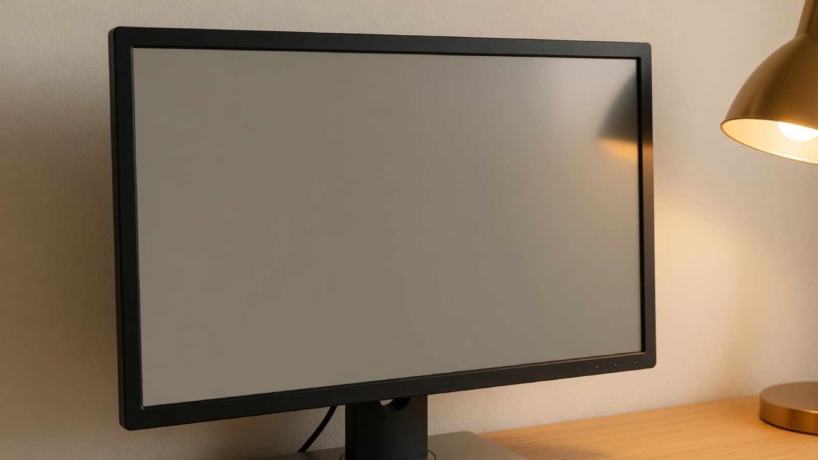 A matte black monitor with a blank screen, and the edge of a brass desk lamp.