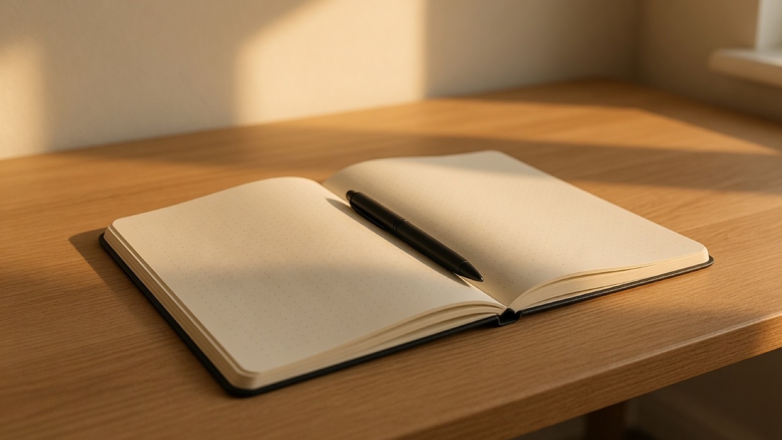 An open lay-flat dotted notebook with a black pen on the page.