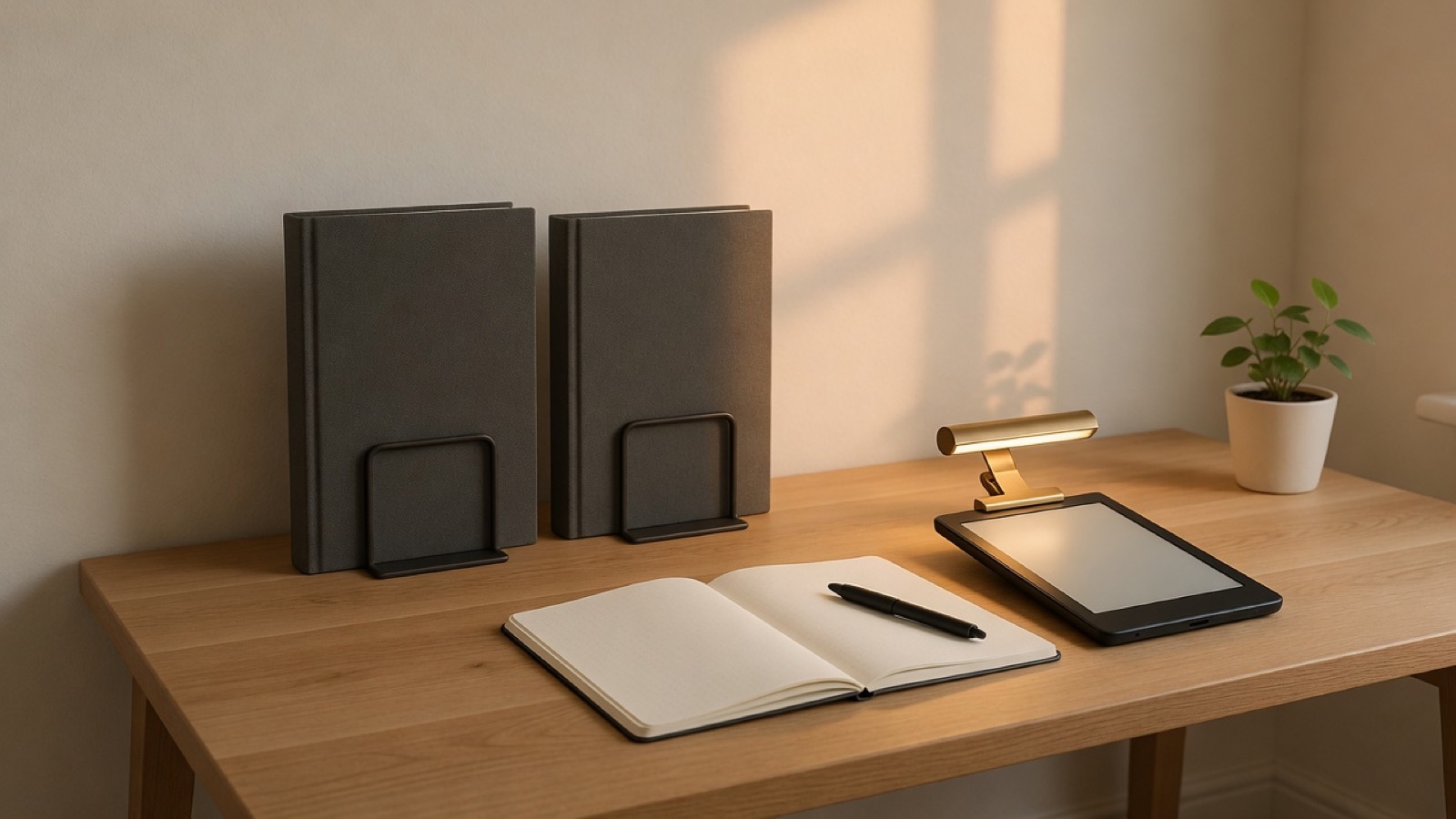 A reading corner: an open notebook, a pen, an e-reader with a clip light, and two plain books in bookends.