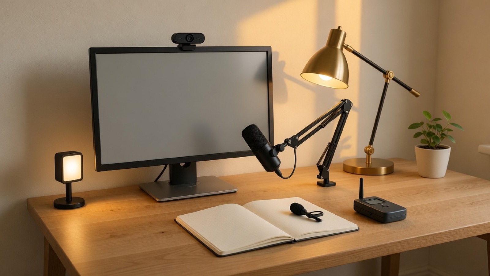 A recording desk: webcam on the monitor, microphone on a boom, a small key light, a desk lamp, and a lapel mic.