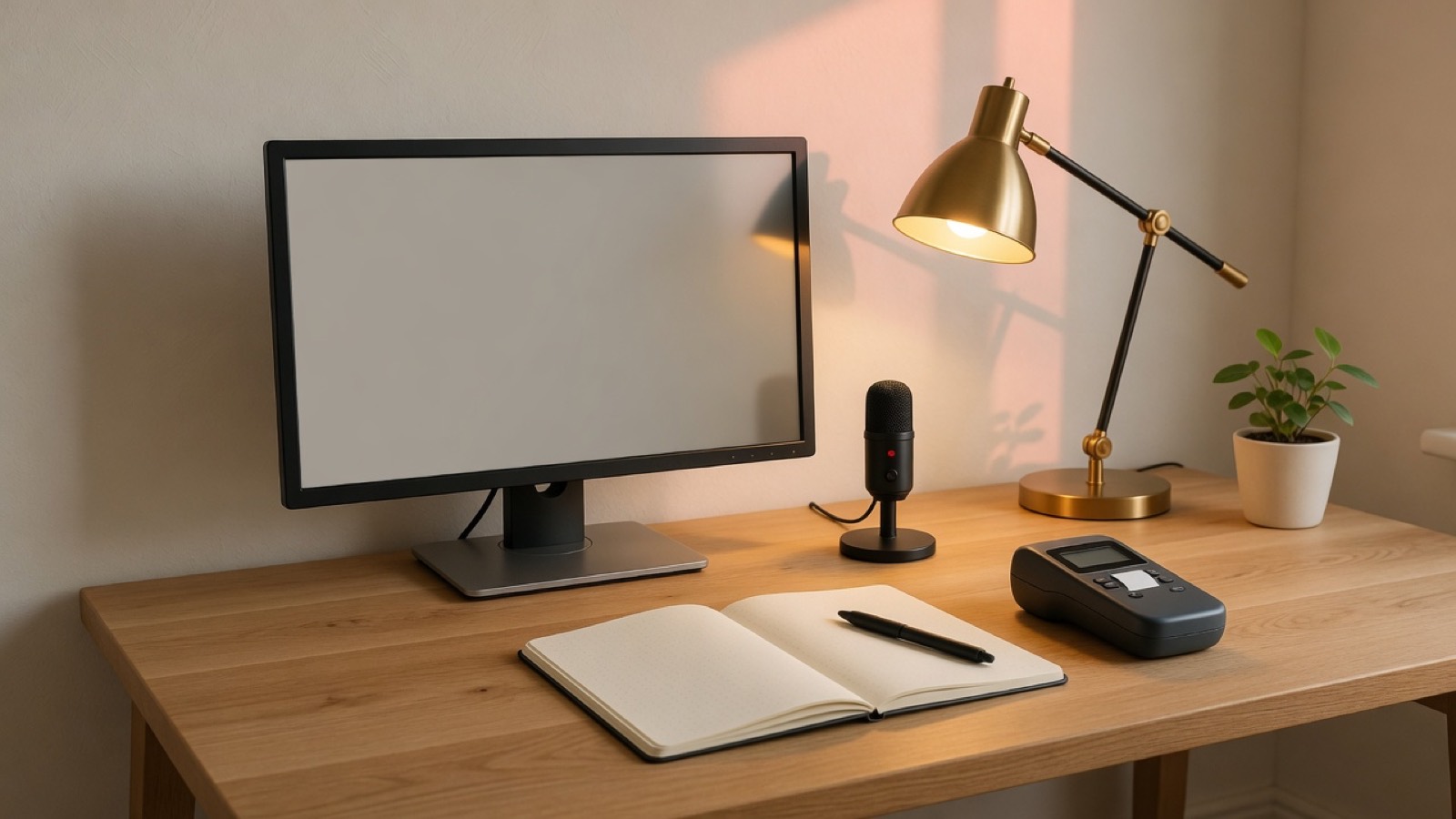 The five pieces together on one oak desk: monitor, microphone, lamp, notebook, and label maker.